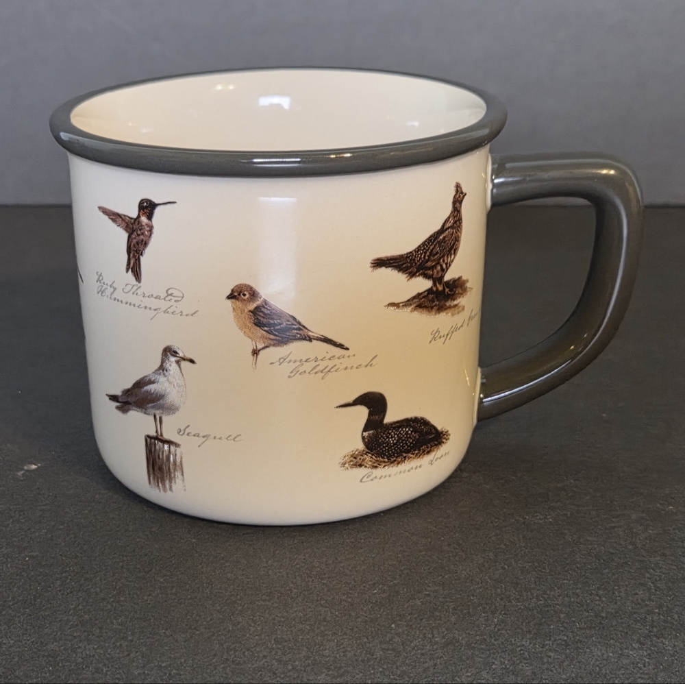 Bird-Themed Cream and Gray Mug